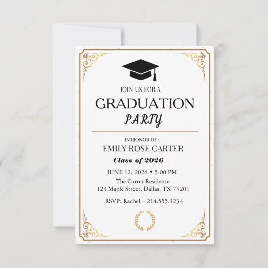 Elegant Gold Flourish Black Graduation Party  Einladung (Vorderseite)