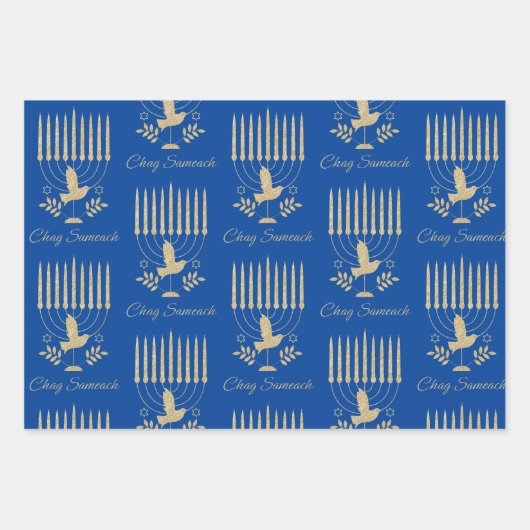 Elegant Gold Flying Dove Menorah Blue Hanukkah Geschenkpapier Set (Vorderseite)