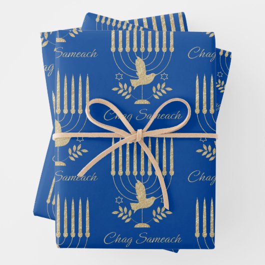 Elegant Gold Flying Dove Menorah Blue Hanukkah Geschenkpapier Set (Beispiel)