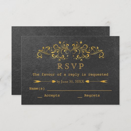 Elegant Gold Foil Blühte Black Wedding RSVP (Vorne/Hinten)