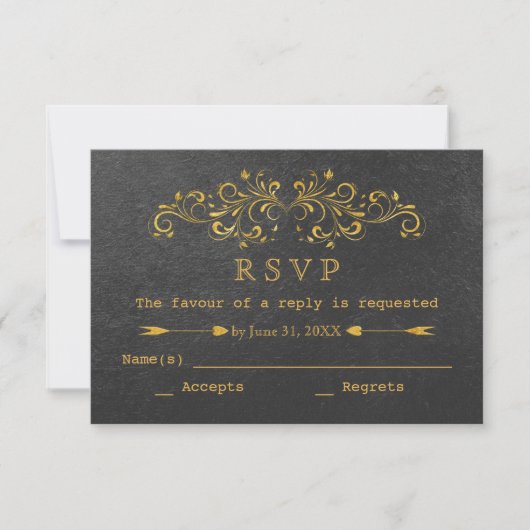 Elegant Gold Foil Blühte Black Wedding RSVP Karte (Vorderseite)