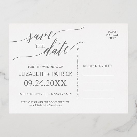 Elegant Gold Foil Calligraphy Black Save the Date Folie Einladungspostkarte (Rückseite)