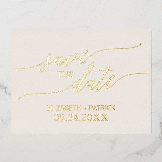 Elegant Gold Foil Calligraphy Ivory Save the Date Folie Einladungspostkarte (Vorderseite)