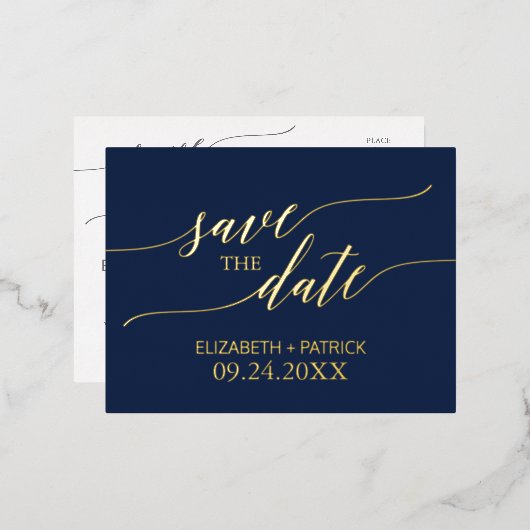 Elegant Gold Foil Calligraphy Navy Save the Date Folie Einladungspostkarte (Vorderseite/Rückseite)