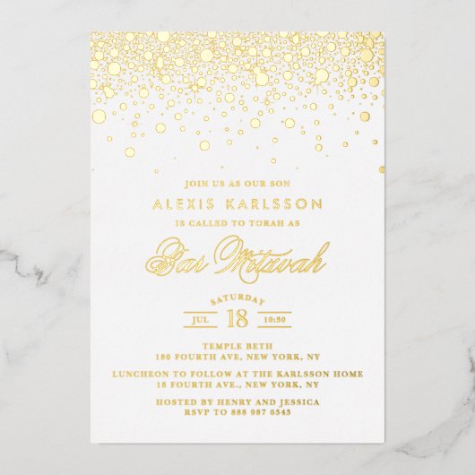 Elegant Gold Foil Confetti Dots Bar Mitzvah Folieneinladung (Vorderseite)