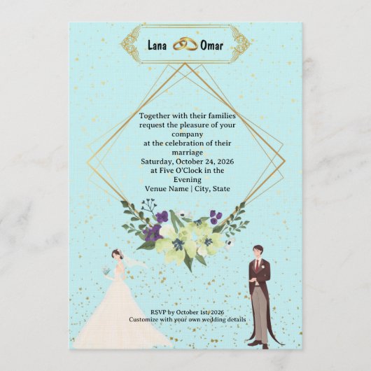 Elegant Gold Foil Geometric Dusty Blue Wedding Einladung (Vorderseite)
