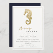 ELEGANT GOLD FOIL NAVY SEEPFERD BABY SHOWITE EINLA DANKESKARTE (Vorne/Hinten)