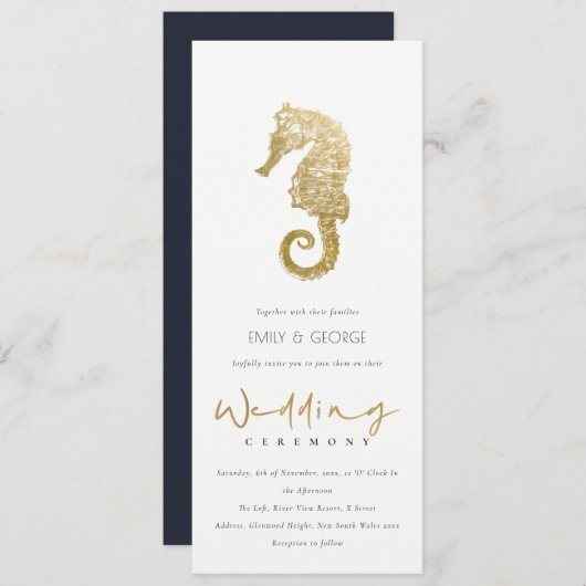 ELEGANT GOLD FOIL NAVY SEEPFERD WEDING EINLADUNG (Vorne/Hinten)