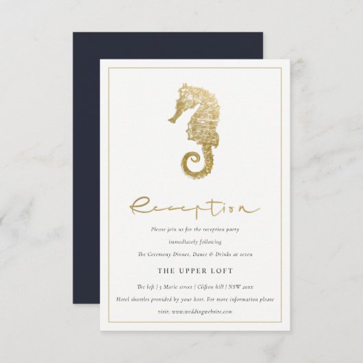 ELEGANT GOLD FOIL NAVY SEEPFERD WEDING REZEPTION BEGLEITKARTE (Vorne/Hinten)