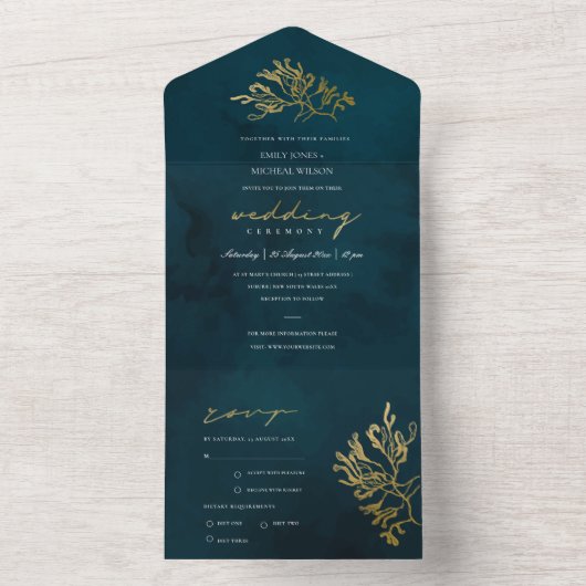 ELEGANT GOLD FOIL NAVY UNTERWASSER MEERESWEED WEDD ALL IN ONE EINLADUNG (Innen Boden)