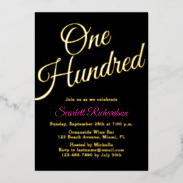 Elegant Gold Foil Pink Black 100th Birthday Party Folieneinladung
