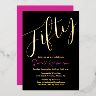 Elegant Gold Foil Pink Black 50. Geburtstagsparty Folieneinladung