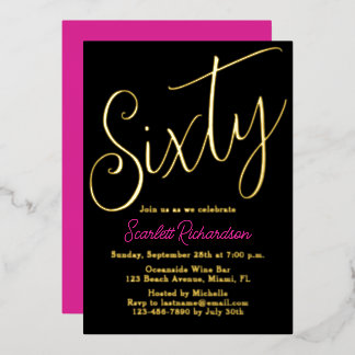 Elegant Gold Foil Pink Black 60. Geburtstagsparty Folieneinladung