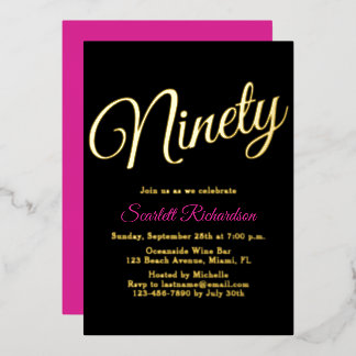 Elegant Gold Foil Pink Black 90. Geburtstagsparty Folieneinladung