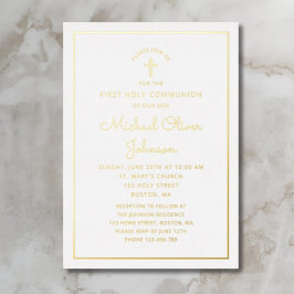 Elegant Gold Foil Script Blue First Communation Folieneinladung