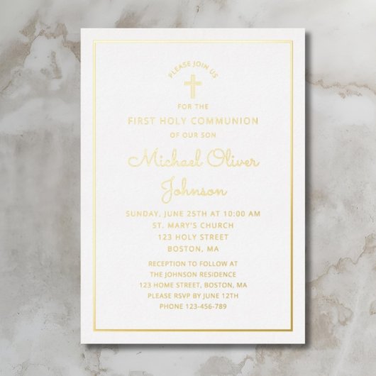 Elegant Gold Foil Script Blue First Communation Folieneinladung