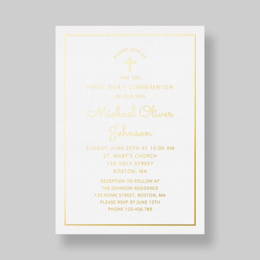 Elegant Gold Foil Script Blue First Communation Folieneinladung