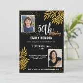 Elegant Gold Foliage 2 Photo 50th Birthday Party Einladung (Stehend Vorderseite)