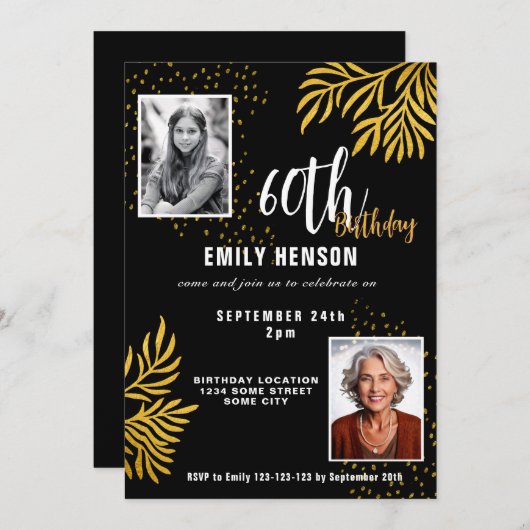  Elegant Gold Foliage 2 Photo 60th Birthday Party  Einladung (Vorne/Hinten)