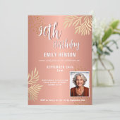  Elegant Gold Foliage 2 Photo 90th Birthday Party  Einladung (Stehend Vorderseite)