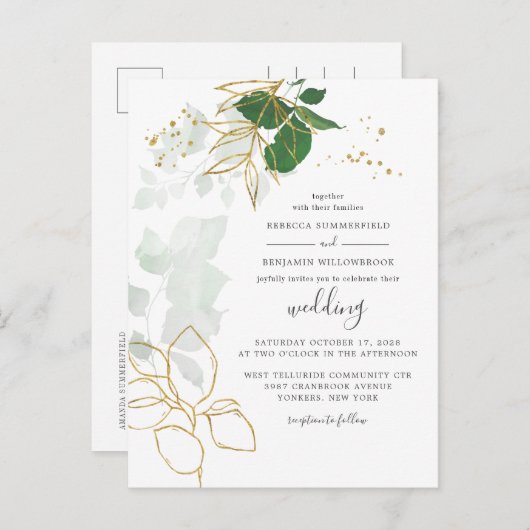 Elegant Gold Foliage Eukalyptus Greenerity Wedding Einladungspostkarte (Vorne/Hinten)