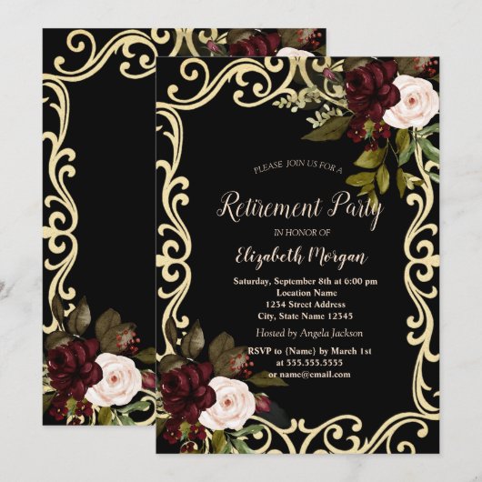 Elegant Gold Frame Burgundy Roses Black Retirement Einladung (Vorne/Hinten)