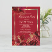 Elegant Gold Frame Confetti Red Roses Retirement Einladung (Stehend Vorderseite)