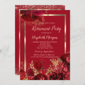 Elegant Gold Frame Confetti Red Roses Retirement Einladung (Vorne/Hinten)