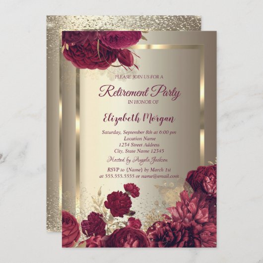 Elegant Gold Frame Confetti Roses Gold Retirement  Einladung (Vorne/Hinten)