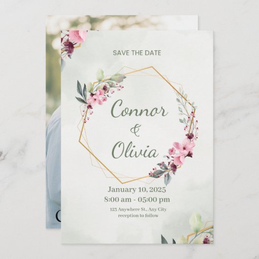 Elegant Gold Frame Floral Save The Date Card (Vorne/Hinten)