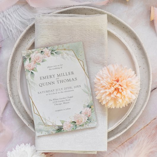 Elegant Gold Frame Greenery Bloral Wedding Einladung