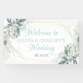 Elegant Gold Frame Greenery Dusty Blue Wedding Banner (Horizontal)