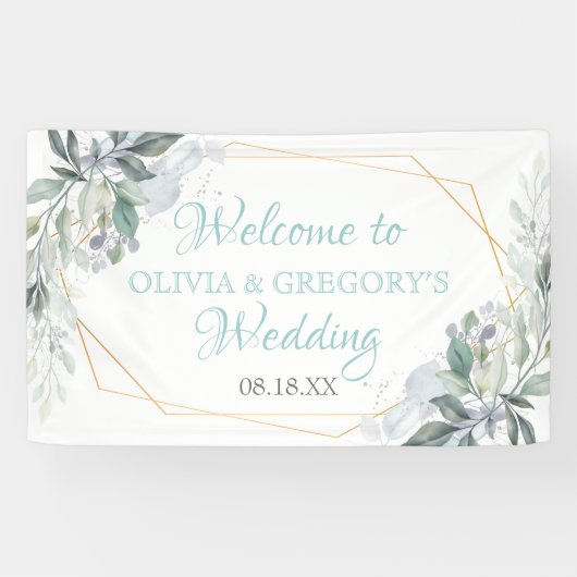 Elegant Gold Frame Greenery Dusty Blue Wedding Banner (Horizontal)