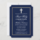 Elegant Gold Frame Navy Blue First Holy Communion Einladung (Vorderseite)