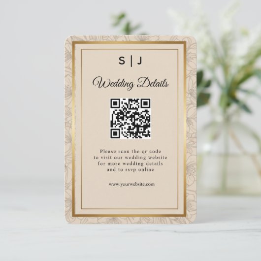Elegant Gold Frame QR Code Wedding Details Begleitkarte (Stehend Vorderseite)