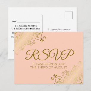 Elegant Gold Frills on Coral Peach Wedding RSVP Postkarte
