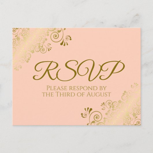 Elegant Gold Frills on Coral Peach Wedding RSVP Postkarte (Vorderseite)