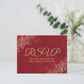 Elegant Gold Frills on Crimson Red Wedding RSVP Postkarte (Stehend Vorderseite)