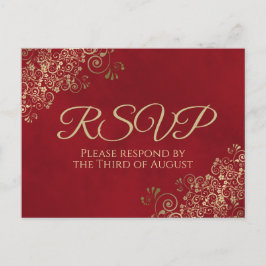 Elegant Gold Frills on Crimson Red Wedding RSVP Postkarte