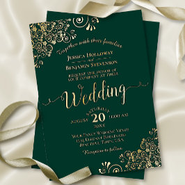 Elegant Gold Frills on Emerald Green Wedding Folieneinladung