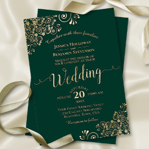 Elegant Gold Frills on Emerald Green Wedding Folieneinladung