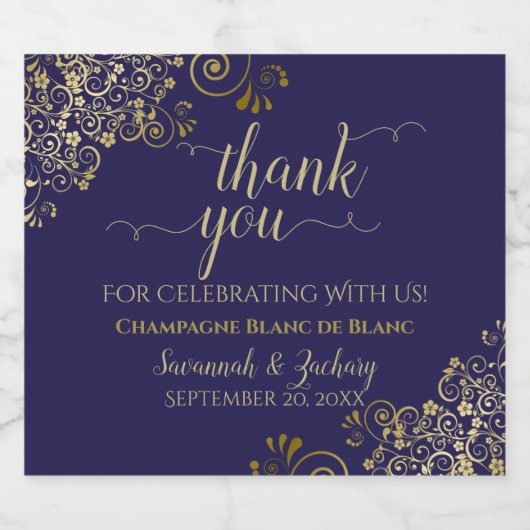 Elegant Gold Frills on Navy Blue Wedding Vielen Da Schaumweinetikett (Einzelnes Label)