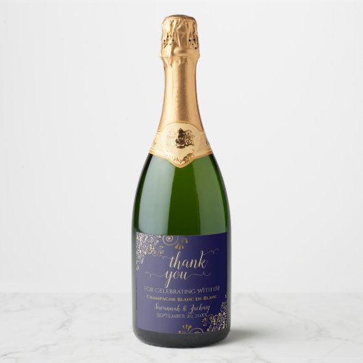 Elegant Gold Frills on Navy Blue Wedding Vielen Da Schaumweinetikett (Vorderseite)