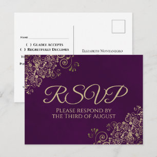 Elegant Gold Frills on Plum Lila Wedding RSVP Postkarte
