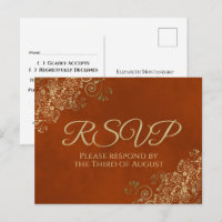 Elegant Gold Frills on Rust Orange Wedding RSVP