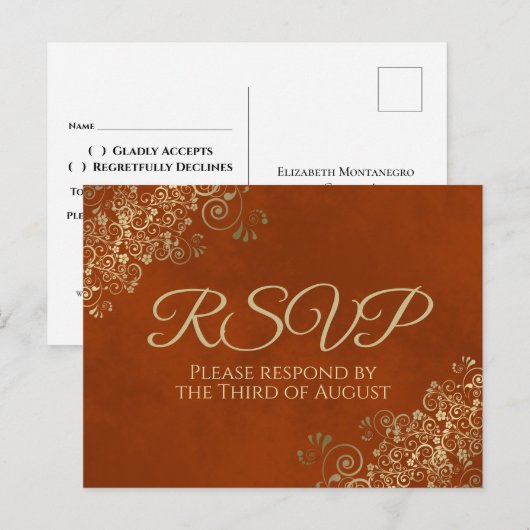 Elegant Gold Frills on Rust Orange Wedding RSVP Postkarte (Vorne/Hinten)