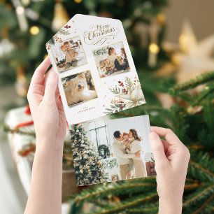 Elegant Gold Frohe Weihnachten Botanisches 3-Foto All In One Einladung