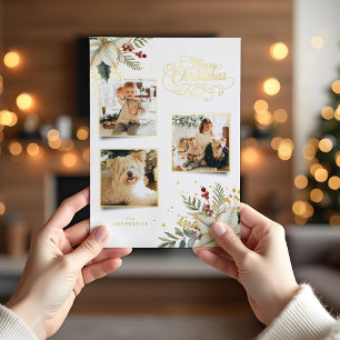 Elegant Gold Frohe Weihnachten Botanisches 3-Foto Folien Feiertagskarte