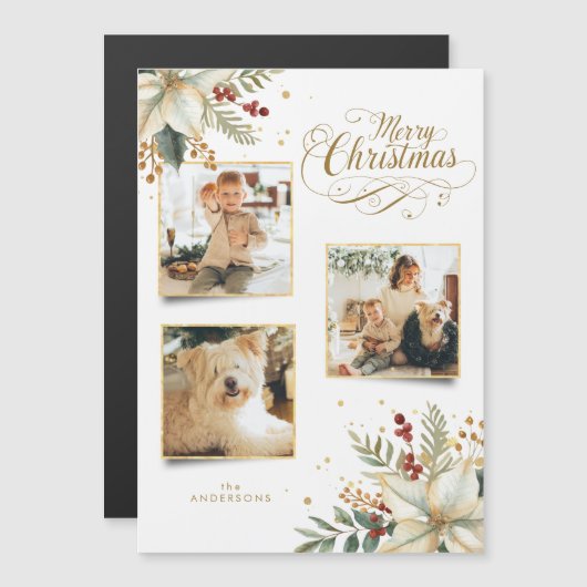 Elegant Gold Frohe Weihnachten Botanisches 3-Foto Magnetkarte (Vorne/Hinten)