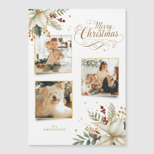 Elegant Gold Frohe Weihnachten Botanisches 3-Foto Magnetkarte (Vorderseite)
